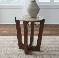 Signature DESIGN BY ASHLEY Tanidore 22 in. Brown Round Marble End Table
