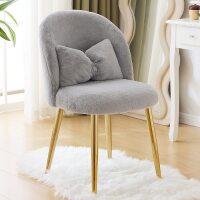 VINGLI Fluffy Girls Vanity Chair with Back and Pillow/Comfy Makeup Chair with Ajustable Gold Legs Plush Grey