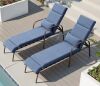 2-Piece Adjustable Metal Outdoor Chaise Lounge with Dark Blue Cushion 5-Positions Including Flat Backrest for Poolside