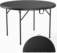 VINGLI Black 48" Round Bi-Folding Commercial Table, 4 Feet Portable Plastic Dining Card Table for Kitchen or Outdoor Party Wedding Event