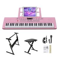 Glarry 61 Keys Keyboard Piano with Stand, Bench, Built In Speakers for Beginners, Pink