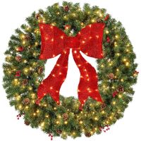48" Pre-Lit Artificial Christmas Wreath w/Berries & Pinecones, Red Bow, Lights