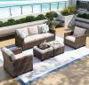 Brown Rattan Wicker 7 Seat 5-Piece Steel Outdoor Patio Conversation Set with Beige Cushions and 2 Ottomans