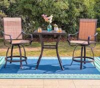 3-Piece Metal Square Outdoor Bistro Patio Bar Set with Slat Bar Table and Swivel Bistro Chairs