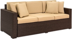 Outdoor Wicker Sofa with Tan Cushions, Seats 3