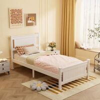 VINGLI 79L x 43W x 38H Twin Size Wood Bed Frame with Headboard No Box Spring Needed White