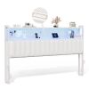 VINGLI King Size Upholstered Headboard with Storage Charging Stations and LED Lights 2 Tier Shelves and Pegboard White