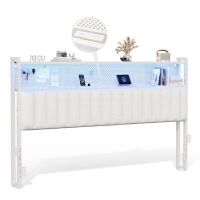 VINGLI King Size Upholstered Headboard with Storage Charging Stations and LED Lights 2 Tier Shelves and Pegboard White