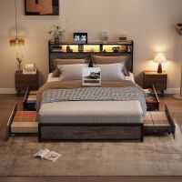 Bed Frame Full Size with 4 Storage Drawers and Storage Headboard Metal Platform with Charging Station and LED Lights
