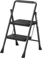 2 Step Ladder, Folding Step Stool, Step Stool with Wide Anti-Slip Pedal, Lightweight, Portable Folding Step Ladder with Handgrip, Multi-use Steel Ladder for Household and Office Black