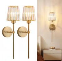 Modern Set of 2 Gold Crystal Wall Sconce, Dimmable Vanity Wall Lights with Clear Glass Shade for Bedroom, Hallway