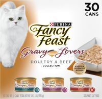 Purina Fancy Feast Gravy Lovers Wet Cat Food, 3 oz Cans, 30-Pack Variety Pack with poultry and beef grilled gourmet recipes, made with no artificial colors or preservatives