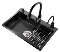 Black Kitchen Sink,Topmount Workstation Stainless Steel Single Bowl Sink with Pull Out Faucet,Soap Dispenser and Drain Basket