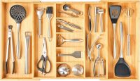 Umilife Extra Large Expandable Kitchen Drawer Organizer for Utensil and Junk, 19" Deep for Big Drawer, 19" to 33" Adjustable Bamboo Wood Drawer Divider, Cutlery Tray, Flatware Holder