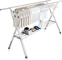 JAUREE Clothes Drying Rack 2 Tiers, Heavy Duty Drying Rack Clothing Folding Indoor Outdoor, Stainless Steel Laundry Drying Rack, Foldable Garment Rack with 20 Windproof Hooks