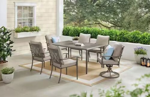 Hampton Bay Preston Pointe Dark Cement Gray 7-Piece Metal Outdoor Dining Set with CushionGuard Putty Cushions
