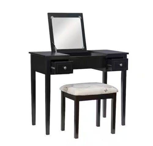 Linon Home Decor April 2-Piece Black Makeup Vanity with 2-Drawers and Flip-Top Mirror