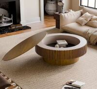 Noble House Leigh 39.37 in. Light Brown Round MDF Wood Coffee Table with Storage, Fluted Design