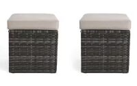 2-Piece Gray-Brown Wicker Rattan Outdoor Ottoman with Khaki Cushion