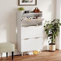 VINGLI 9.45D x 31.5W x 53H White Fluted Shoe Storage Cabinet for Entryway with 3 Flip Drawers