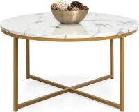 36in Faux Marble Accent Table, Modern End Table, Large Coffee Table Home Decor for Living Room, Dining Room, Tea, Coffee w/Metal Frame, Foot Caps, Designer