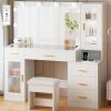 BEWISHOME 49.2" Large Glass Top Vanity Desk with Lighted Mirror and Stool