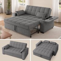 Lofka 64-Inch 3 In 1 Convertible Sofa Bed with 600 lbs Capacity Pull Out Couch with 2 Storage Armrests Linen Fabric Loveseat Sleeper for Living Room Apartment Dark Grey