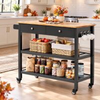 Gizoon Kitchen Island Cart with Storage and 40&rsquo;&rsquo; Wooden Top, Black 2 Tiers Shelves and Towel Bar, 2 Drawer Mobile Trolley Cart On Metal Wheels with Hooks for Dining Room, Bar, Outdoor