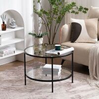 VINGLI 25.6-in W Round Glass Coffee Table with 2 Tier Black