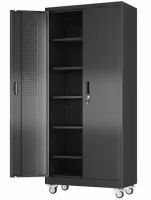 Kaikeeqli Steel Rolling Freestanding Cabinet with 5-Adjustable Shelves, Pegboard, Hooks in Black