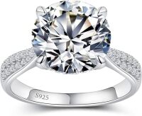Elio Passero 925 Sterling Silver Round Moissanite Engagement Ring for Women Round Cut Solitaire & Pave Moissanite Rings for Women with 18K Gold Plated, Wedding travel Engagement Rings 3CT
