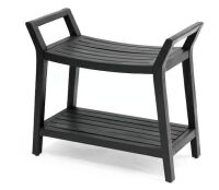 JONATHAN Y Orla 25.59 in. Modern Classic Slatted Solid Acacia Wood Indoor/Outdoor Shower Bench with Shelf and Handle, Black
