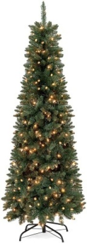 7.5ft Pre-Lit Hinged Fir Artificial Pencil Christmas Tree w/ 350 Warm White Lights, Foldable Stand&nbsp;