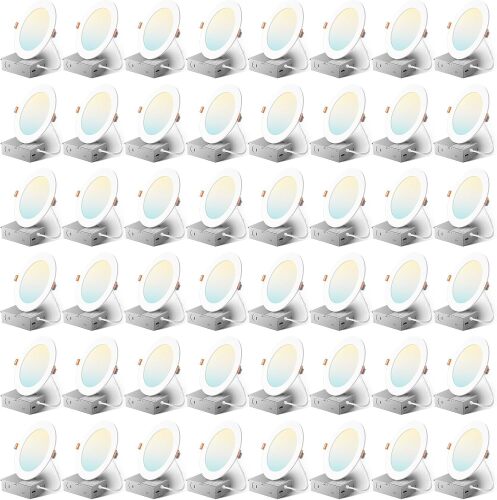 Amico 48 Pack 6 Inch 5CCT LED Ultra-Thin Recessed Ceiling Light, 1050LM 12W, 2700K-5000K, 5%-100% Dimmable, 120V, Ultra-Thin Canless Wafer Downlight with Junction Box, ETL, FCC, IC & Damp Rated