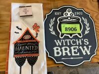 Set of Halloween-themed Dish Towel and Sign