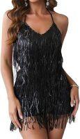 Sequin Fringe Romper Sparkly Glitter Jumpsuits for Women Backless Shorts Dress