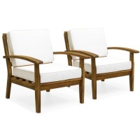 Set of 2 Outdoor Acacia Wood Club Chairs&nbsp;w/ Cushions&nbsp;