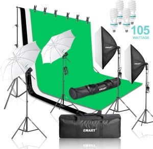 Emart 2000W Photography Video Studio Lighting Kit, Softbox Umbrella Continuous Photo Lighting, 8.5 x 10 Feet Backdrop Stand Support System, 3 Muslin Backdrops. Appears New 
