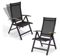 Set of 2 Outdoor Dining Chair with Aluminum Frame Black Textilene Seat Teak Armrests Foldable Chairs Adjustable Backrest