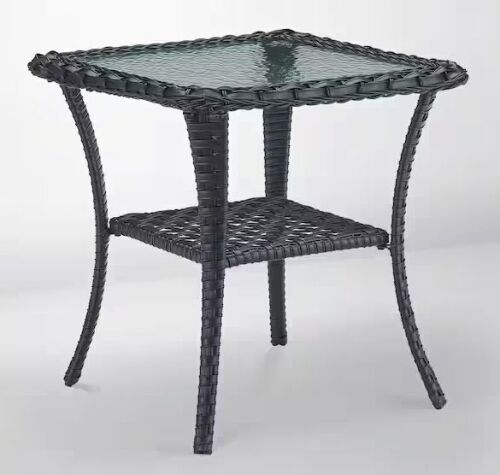 PlainCurve Black Square Wicker Outdoor Side Table with Tempered Glass Top and Lower Wicker Storage Shelf