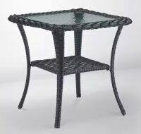 PlainCurve Black Square Wicker Outdoor Side Table with Tempered Glass Top and Lower Wicker Storage Shelf