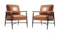 Modern Brown Faux Leather Upholstered Arm Chair with Metal Base, Set of 2