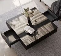 31.5 in. Black Solid Wood Square Coffee Table with Dual-Side Drawers, Parquet-Style Wood Grain Top, Fluted Details
