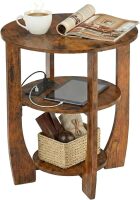 Round Side Table with Charging Station,19.7" D,Rustic Brown 3 Tier End Table with USB Ports & Outlets,19.7" Bedside Table for Bedroom,Living Room,Small Spaces,Wood Accent Table