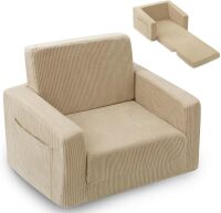 2-in-1 Kids Chair and Couch, Cozy Corduroy Kids Sofa, Beige Fold-Out Kids Couch, Boys and Girls, Bedroom & Playroom, Reading and Playing, Lightweight, Removable Washable Cover