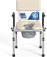 Drop Arm Bedside Commode, Commode Toilet with Padded Seat and Backrest, 400lbs Capacity, 5.3QT Removable Bucket and Splash Guard, Adjustable Height Portable Toilet for Adults