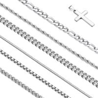 Stackable Silver Chain for Men, 6/7 Pcs Stainless Steel Cross Chain Mens Necklace Jewelry Set for Men, 5/6 Chains + 1 Cross Pendant, Silver-18"/20" Stackable Length, Stainless Steel