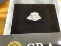 GRA Certified 3-Stone Moissanite Engagement Ring &ndash; 925 Sterling Silver Round Brilliant Cut Center with Trillion Side Accents