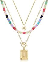 MJartoria Layered Initial Necklaces for Women 14K Gold Plated Brass, Star Choker, Colorful Beaded, Square Letter Pendant