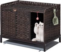 Litter Box Enclosure Furniture, Divider & Mat, PE Rattan, Natural